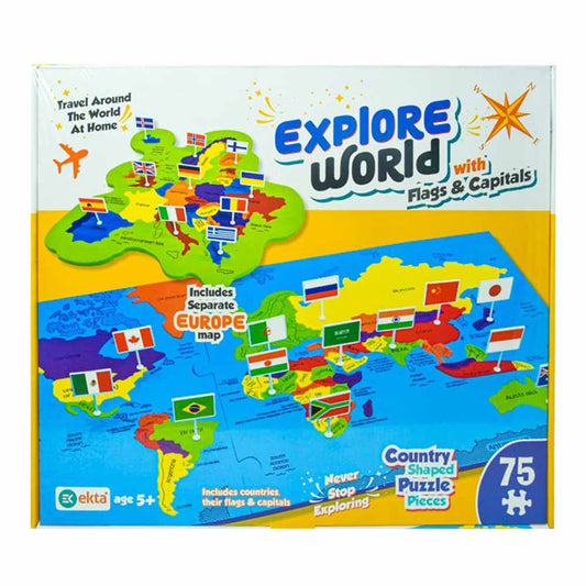 Explore World Map Puzzle with Flags & Capitals – 75 Pieces