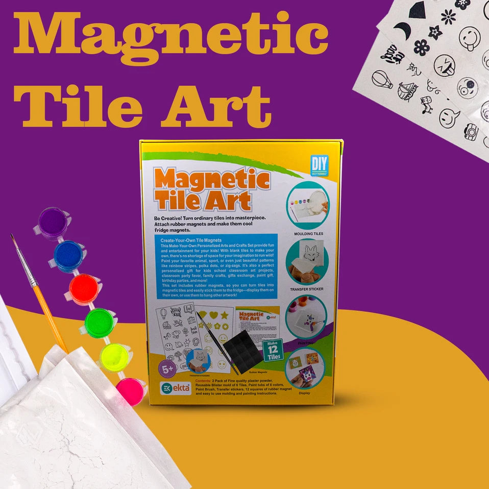PecoToys Magnetic Tile Art Kit | Make 12 DIY Fridge Magnets | Painting & Craft Activity for Kids Age 5+