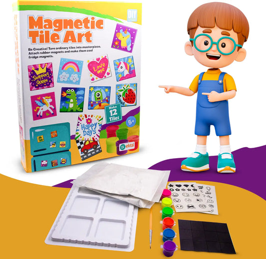 PecoToys Magnetic Tile Art Kit | Make 12 DIY Fridge Magnets | Painting & Craft Activity for Kids Age 5+