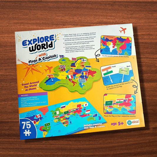 Explore World Map Puzzle with Flags & Capitals – 75 Pieces