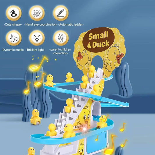 Slide Toy Race Duck Track Set, Funny Automatic Stair-Climbing Ducklings Cartoon Roller Coaster Escalator Toy with Flashing Lights & Music