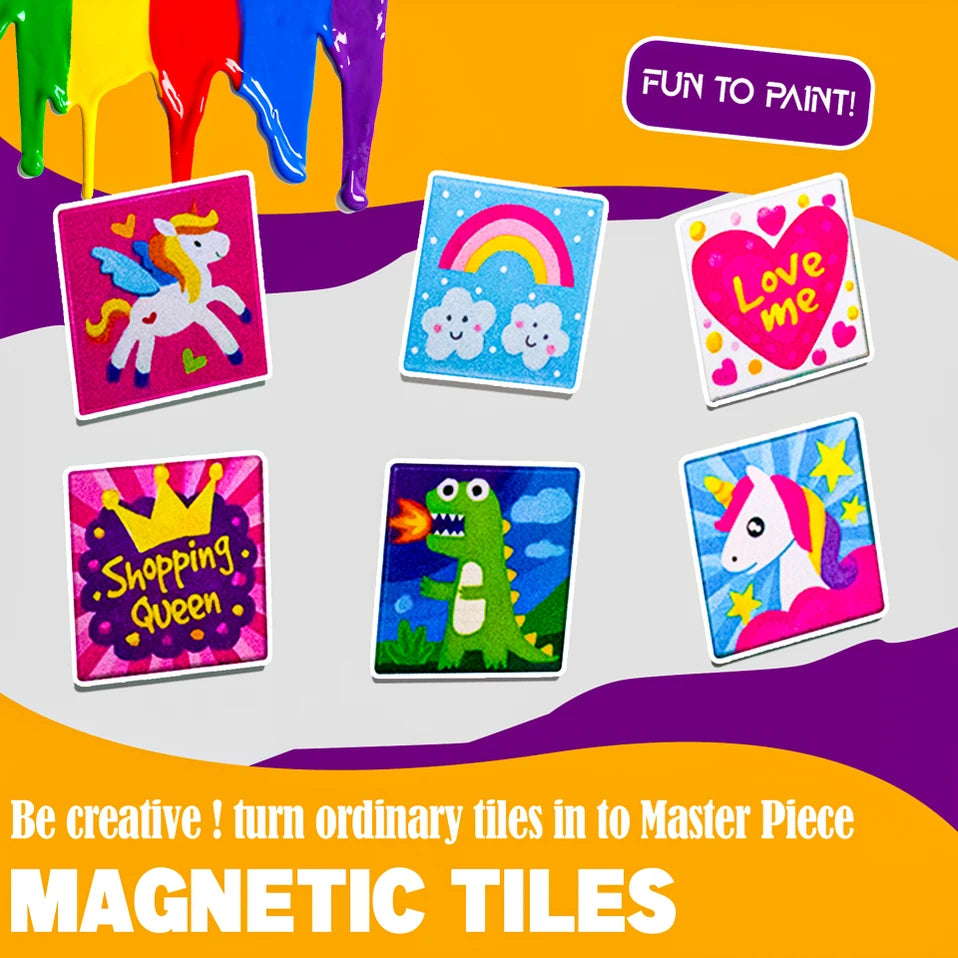 PecoToys Magnetic Tile Art Kit | Make 12 DIY Fridge Magnets | Painting & Craft Activity for Kids Age 5+