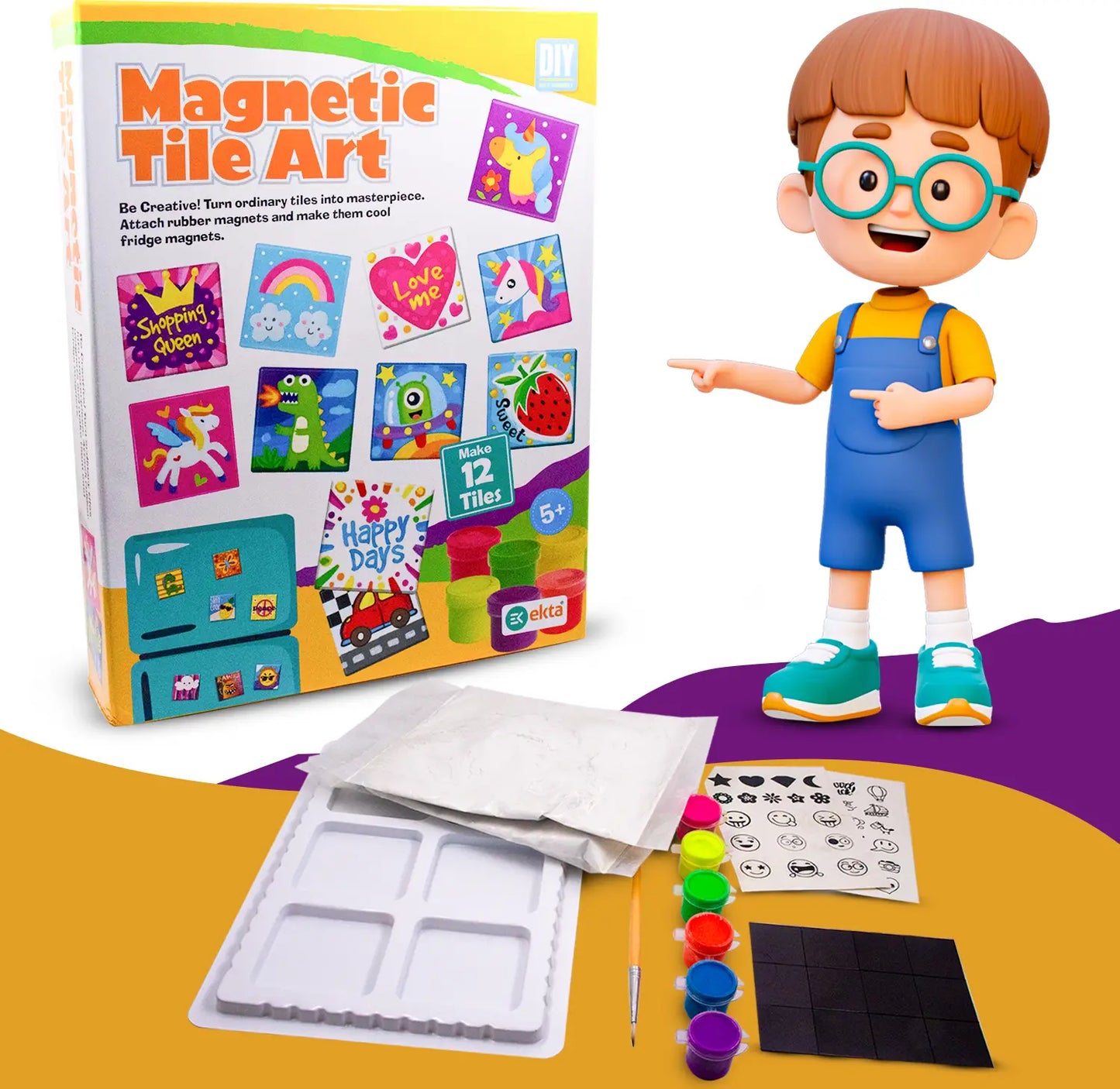 PecoToys Magnetic Tile Art Kit | Make 12 DIY Fridge Magnets | Painting & Craft Activity for Kids Age 5+