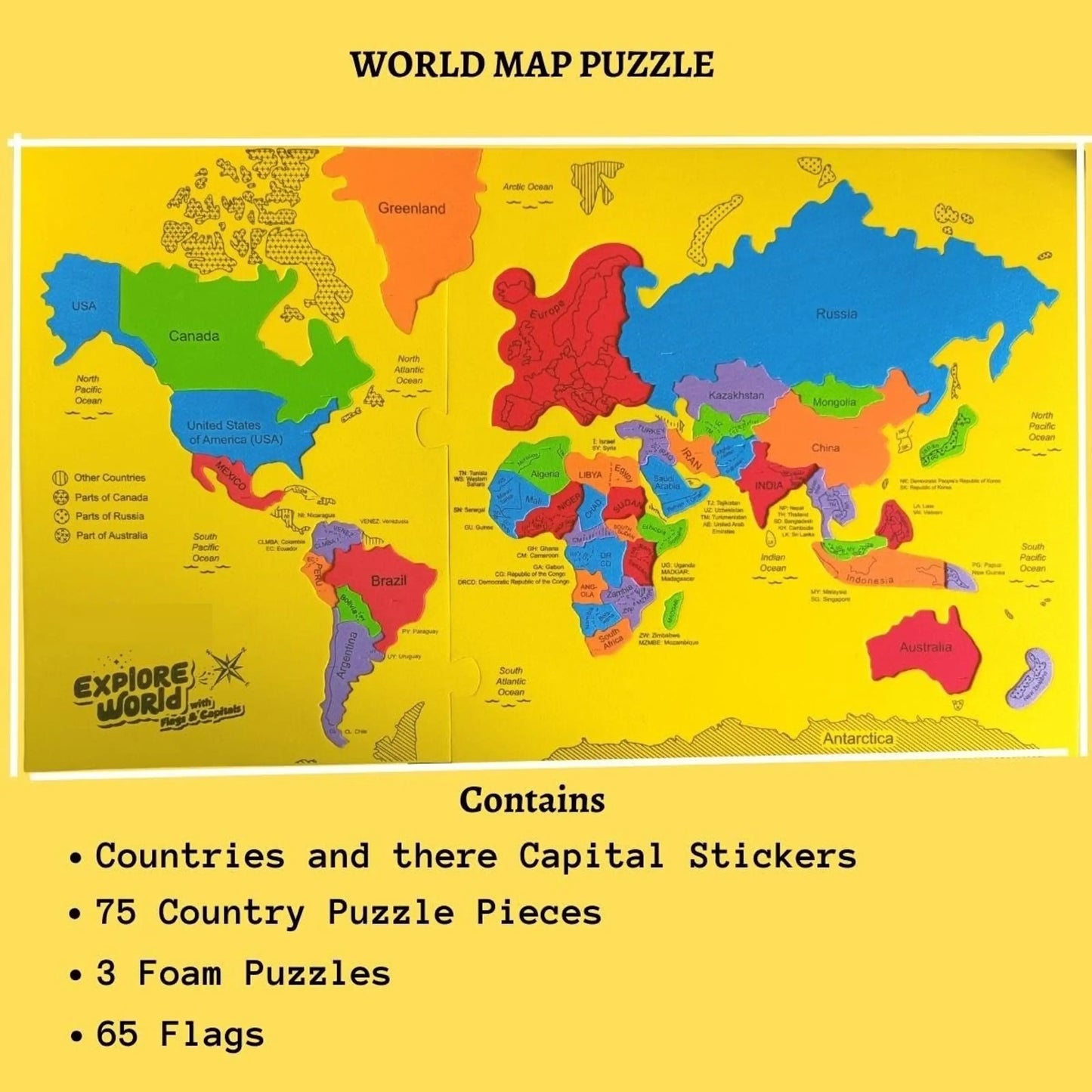 PecoToys Explore World Puzzle | 75 Pieces + Flags & Capitals | World Map Geography Toy for Kids Age 5+