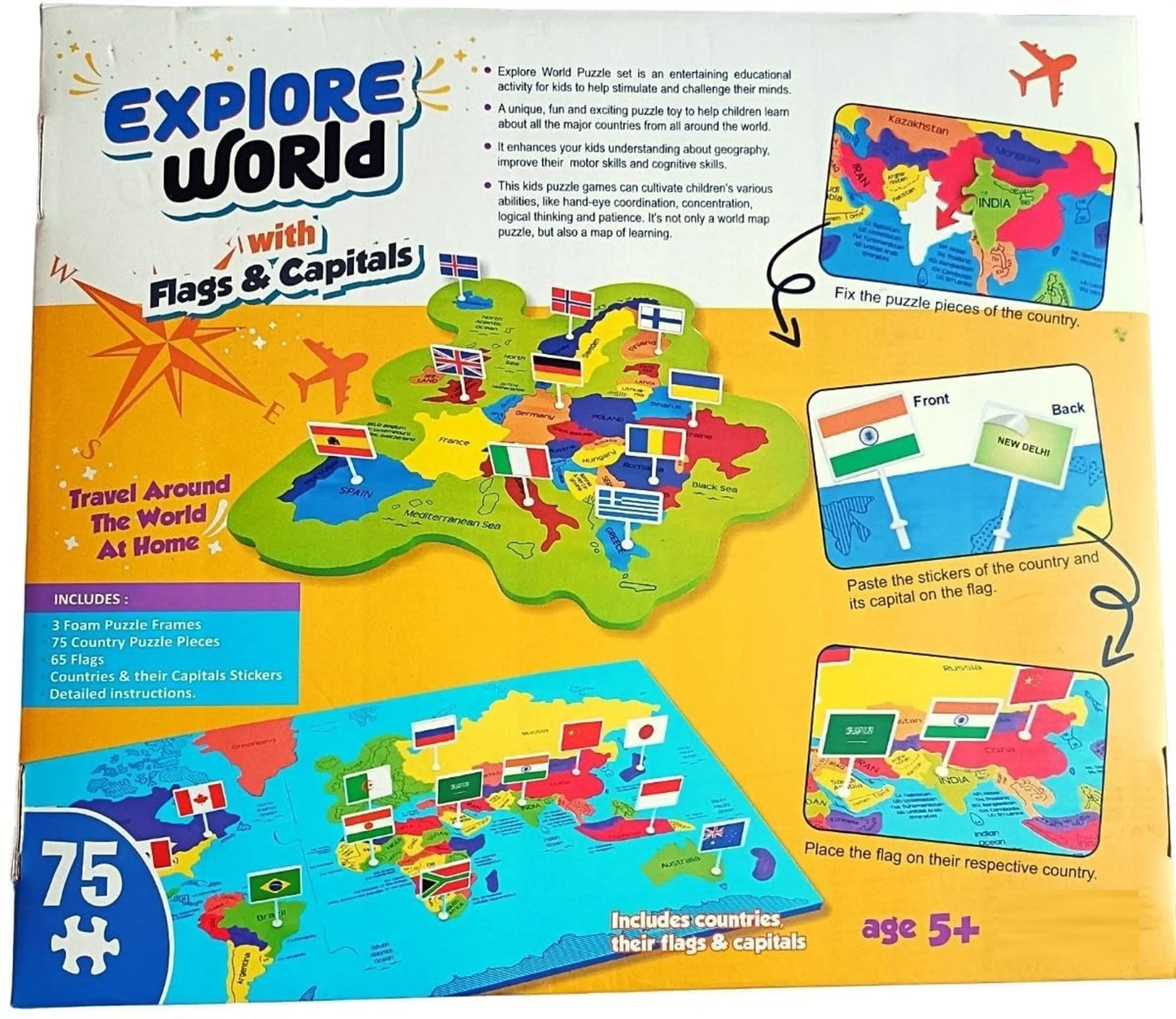 PecoToys Explore World Puzzle | 75 Pieces + Flags & Capitals | World Map Geography Toy for Kids Age 5+