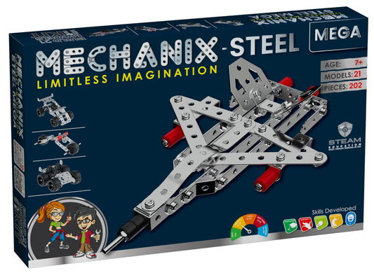 PecoToys Mechanix Steel Mega | 202 Pieces | Build 21 Models | Real Metal STEAM Engineering Toy Age 7+