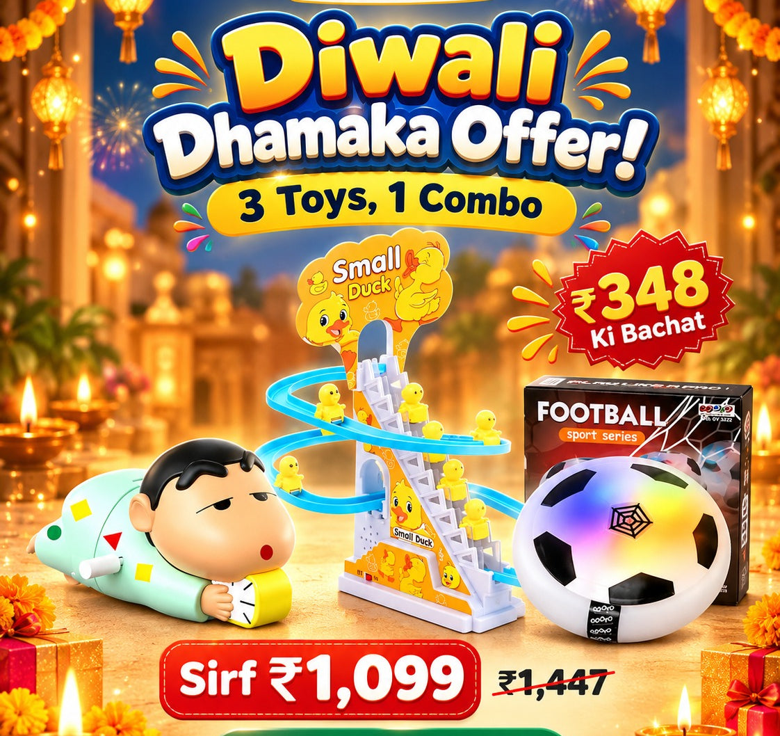 Promotional advertisement for Pecotoys featuring a Diwali-themed offer with three toys in one combo. The products shown are a small duck toy with a spiral track, a cartoon character pillow, and a soccer ball, set against a festive decorated background with marigolds, diyas, and fireworks.