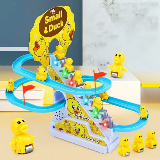 Slide Toy Race Duck Track Set, Funny Automatic Stair-Climbing Ducklings Cartoon Roller Coaster Escalator Toy with Flashing Lights & Music